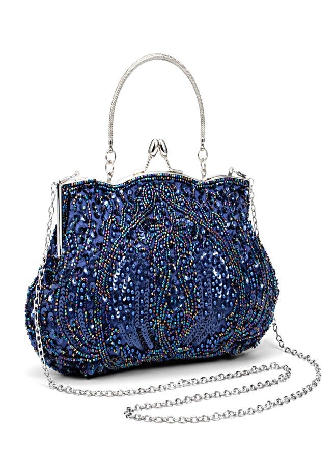 Simcat Beaded Sequin Flower Evening Purse Large Clutch Bag (Dark Blue) - Image 2